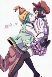  2girls adversarial_noise aqua_hair aqua_jacket arms_at_sides black_bow black_gloves black_thighhighs bow brown_eyes brown_hair brown_hat brown_pants brown_romper character_name choppy_bangs closed_eyes commentary criss-cross_back-straps floral_print floral_print_shirt frilled_skirt frills from_side gloves googly_eyes hair_down hands_on_another's_face hands_up hat hatahata_(okkrslk) heart highres hikimayu imminent_kiss jacket knit_hat leaning_back leaning_forward legs_up letterman_jacket long_sleeves loose_hair_strand medium_hair messy_hair monogatari_(series) multicolored_jacket multiple_girls multiple_hats nademonogatari newsboy_cap ononoki_yotsugi orange_hat pale_skin pants pink_skirt raglan_sleeves romper sengoku_nadeko shirt short_eyebrows simple_background skirt star_(symbol) surprised thick_eyebrows thigh-highs two-tone_jacket white_background white_jacket white_shirt wide-eyed yellow_hat yuri zettai_ryouiki 