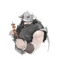  1boy absurdres arms_up beard black_hair bracer cropped_torso dungeon_meshi dwarf facial_hair fake_horns full_beard fur-trimmed_bracer helmet highres holding holding_skewer horned_helmet horns kanji_(nievart) male_focus muscular muscular_male mustache senshi_(dungeon_meshi) simple_background skewer solo white_background 