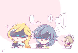  3girls apron black_hair blonde_hair brown_hair closed_eyes closed_mouth commentary_request controller durandal_(honkai_impact) fu_hua game_controller hair_over_one_eye head-mounted_display highres holding holding_controller holding_game_controller honkai_(series) honkai_impact_3rd maid maid_apron maid_headdress mon_momu multiple_girls open_mouth rita_rossweisse short_hair smile triangle_mouth 