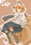  1girl animal_ears blonde_hair blush boots brown_background brown_hair capelet fox_ears fox_tail highres long_sleeves multiple_tails scarf short_hair simple_background skirt solo tail tamahana touhou yakumo_ran yellow_eyes 