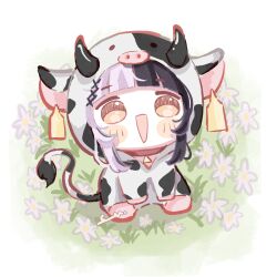  1girl :d animal_costume animal_ears black_hair blunt_bangs blush_stickers chibi commentary cow_costume cow_ears cow_horns ear_tag english_commentary flower grass grey_hair hair_ornament highres hololive hololive_english horns long_hair looking_at_viewer multicolored_hair no_nose open_mouth shiori_novella signature sitting smile solo split-color_hair suchikunn two-tone_hair virtual_youtuber white_flower yellow_eyes 