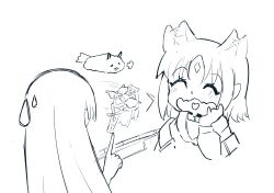  2girls animal_ears blush chinese_commentary cho_kaguya-hime! clinging commentary ear_wiggle ezbottt figure forehead_jewel fox_ears fushi_(cho_kaguya-hime!) hair_rings hand_on_own_cheek hand_on_own_face head_rest heart heart_in_mouth highres long_hair multiple_girls pointing puff_of_air runami_yachiyo sakayori_iroha short_hair simple_background sketch smile sweatdrop t-pose upper_body white_background yuri 