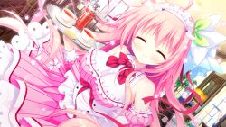  1girl ^_^ ahoge bare_shoulders blush bow bowtie breasts buttons closed_eyes closed_mouth collared_shirt cowboy_shot cup detached_sleeves dress dutch_angle food frilled_dress frilled_sleeves frills fruit game_asset green_ribbon hair_between_eyes hair_ribbon haru_haru_(koikoko) holding holding_tray juliet_sleeves koi_suru_kokoro_to_mahou_no_kotoba large_breasts lemon lemon_slice long_hair long_sleeves maid_headdress non-web_source pink_dress pink_hair pink_sleeves puffy_sleeves red_bow red_bowtie ribbon saucer self-datamine shiromochi_sakura shirt sleeveless sleeveless_shirt smile solo striped_clothes striped_dress tea teacup tray variant_set vertical-striped_clothes vertical-striped_dress vertical-striped_sleeves white_shirt 
