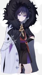  1boy aiguillette armor black_bodysuit black_hood black_kimono black_shorts black_sleeves blunt_ends bodysuit bright_pupils coat coat_on_shoulders cowboy_shot eyeliner fatui_coat fugetsu_byakuya fur_hood gem genshin_impact highres hood hood_up hooded_coat japanese_armor japanese_clothes juban kimono kote kurokote lapels layered_shorts layered_sleeves looking_at_viewer makeup male_focus mitsudomoe_(shape) o-ring open_clothes open_kimono oversized_clothes purple_gem purple_hair purple_sash purple_shorts purple_sleeves red_eyeliner red_kimono red_sash ringed_eyes sash scaramouche_(genshin_impact) short_sleeves shorts solo tomoe_(symbol) uneven_eyes violet_eyes white_background white_coat white_kimono white_pupils wispy_bangs 