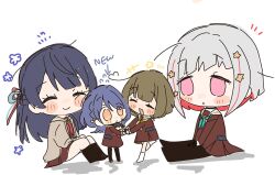  4girls :d ^_^ aqua_neckerchief arrow_(symbol) black_pantyhose blue_hair blue_ribbon blush blush_stickers bob_cut brown_cardigan brown_dress brown_hair cardigan character_doll chibi chibi_only closed_eyes closed_mouth col_person colored_inner_hair commentary doll dollchestra dress english_commentary flower_symbol flying_sweatdrops frown grey_hair hair_ornament hair_ribbon half_updo hasu_no_sora_school_uniform highres inverted_bob kachimachi_kosuzu katsuragi_izumi leg_up long_sleeves love_live! love_live!_hasu_no_sora_jogakuin_school_idol_club medium_dress multicolored_hair multiple_girls murano_sayaka neckerchief notice_lines open_cardigan open_clothes open_mouth orange_eyes pantyhose parted_lips pink_eyes pleated_dress red_hair red_neckerchief red_ribbon red_streaks reisawa_aoi ribbon sailor_collar sailor_dress school_uniform short_hair simple_background sitting smile star_(symbol) star_hair_ornament streaked_hair virtual_youtuber white_background white_sailor_collar winter_uniform yellow_neckerchief yugiri_tsuzuri 