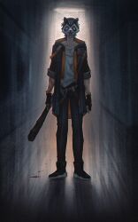  1boy absurdres arm_ribbon baseball_bat belt black_boots black_gloves black_jacket black_pants blood blood_from_mouth blood_on_clothes blood_on_ground blood_on_weapon boots caelus_(honkai:_star_rail) collarbone covered_eyes english_commentary fingerless_gloves full_body gloves grey_belt grey_hair highres holding holding_baseball_bat honkai:_star_rail honkai_(series) hood hooded_jacket implied_murder indoors jacket lamp lapels long_sleeves male_focus mask open_clothes open_jacket orange_jacket pants purple_toffee raccoon_mask ribbon shirt short_hair solo standing supplicant_mask t-shirt trailblazer_(honkai:_star_rail) two-sided_fabric two-sided_jacket weapon white_shirt 
