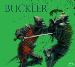  2others armet armor aventail black_boots boots buckler chain chainmail couter cuisses dated facing_another feathered_helmet feet_out_of_frame fighting greaves green_background gweon_jun_young highres holding holding_sword holding_weapon knee_armor knight leather_belt medieval multiple_others original pauldrons red_shirt rerebrace scabbard sheath shield shirt shockwave shoulder_armor signature studded_armor sword vambraces weapon 