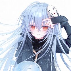  1other androgynous black_coat blue_hair closed_mouth coat commission dongtian_biyu_tong dual_persona hair_between_eyes hand_up highres long_hair long_sleeves looking_at_viewer mask mask_on_head mihuashi_commission orange_eyes other_focus rimuru_tempest rimuru_tempest_(slime) simple_background slime_(creature) smile solo tensei_shitara_slime_datta_ken too_many_watermarks upper_body watermark white_background 