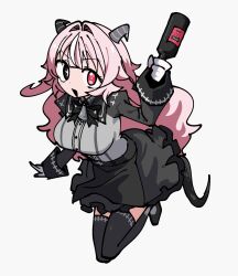  1girl animal_ears apron asymmetrical_horns black_apron black_eyes black_horns black_skirt black_sleeves black_thighhighs bottle femme_soule goat_ears goat_horns grey_horns grey_shirt heterochromia highres holding holding_bottle horns juliet_sleeves long_sleeves looking_at_viewer mismatched_horns odayaka official_artist_extra open_mouth pink_eyes pink_hair puffy_sleeves pukey_goddess_shot_trick shirt skirt smile snake_tail solo tail thigh-highs 