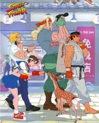  2girls 3boys alex_(street_fighter) animal bag baggy_pants bandana barefoot black_hair blonde_hair blue_sailor_collar boots bottle brown_hair camera chun-li converse deer_cracker dog don_(street_fighter) dougi duffel_bag fingerless_gloves food gloves guy_(final_fight) headband kasugano_sakura ken_masters long_hair multiple_boys multiple_girls muscular muscular_male pants phone red_headband ryu_(street_fighter) sailor_collar school_uniform sebazebes serafuku shoes shop short_hair skirt sneakers squirrel street_fighter tail tail_wagging talking_on_phone tanuki walking watch 