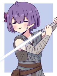  1girl =_= alternate_costume belt bernadetta_von_varley blue_background blush border brown_belt closed_eyes commentary cosplay earrings energy_sword english_commentary fire_emblem fire_emblem:_three_houses grey_robe highres hiro_kayama holding holding_sword holding_weapon jewelry lightsaber purple_hair rey_(star_wars) rey_(star_wars)_(cosplay) robe short_hair sleeveless_robe solo star_wars sword upper_body weapon white_border 