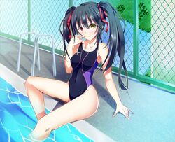  1girl black_hair clothed_navel competition_swimsuit date_a_live heterochromia kazeoto_kirito long_hair mizuno one-piece_swimsuit poolside sitting swimsuit tokisaki_kurumi twintails 