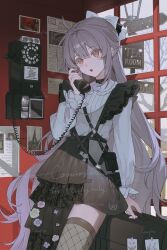  1girl antique_phone asymmetrical_legwear black_skirt bow character_request copyright_request fishnet_thighhighs fishnets frilled_skirt frills hair_bow highres holding holding_phone long_hair open_mouth phone phone_booth photo_(object) purple_hair road_sign rotary_phone shirt sign single_thighhigh skirt solo standing thigh-highs very_long_hair white_bow white_shirt winter yamiiv 