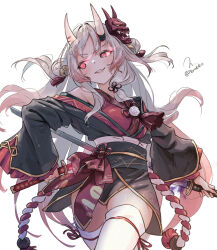  bell black_kimono commentary_request double_bun dual_wielding eye_trail frilled_sleeves frills gold_trim gradient_hair grey_hair grin hair_bun hair_ornament highres holding holding_sword holding_weapon hololive horns japanese_clothes jingle_bell kimono light_trail long_hair long_sleeves mask mask_on_head multicolored_hair nakiri_ayame nakiri_ayame_(1st_costume) off_shoulder oni oni_mask pom_pom_(clothes) red_eyes red_hair red_kimono red_streaks short_kimono sidelocks simple_background skin-covered_horns sleeveless sleeveless_kimono smile streaked_hair sword tabi tassel tassel_hair_ornament thigh-highs torokko two_side_up virtual_youtuber weapon white_background white_thighhighs wide_sleeves 