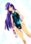  1girl blue_hair brown_eyes competition_swimsuit goggles goggles_removed idolmaster kisaragi_chihaya long_hair nogguu one-piece_swimsuit swimsuit watch 