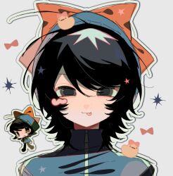  1boy :3 aegyo_sal androgynous animification beanie bird bishounen black_hair blue_hat blue_jacket bow chibi chibi_inset commentary duck grey_eyes hair_bow hat jacket looking_at_viewer luoluoghost male_focus minecraft_youtube outline portrait quackity quackity_smp red_bow short_hair simple_background solo_focus swept_bangs untranslatable_commentary white_background white_outline 