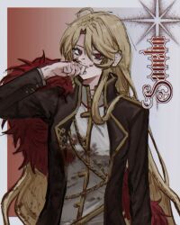  1girl absurdres black_coat blonde_hair blood blood_in_hair blood_on_clothes blood_on_face blood_on_hands blood_splatter border character_name coat commentary don_quixote_(project_moon) feather_boa feathers gold_trim gradient_background highres la_manchaland_(identity)_(project_moon) lapels limbus_company long_hair long_sleeves looking_at_viewer myeongwora notched_lapels outside_border parted_bangs project_moon red_background red_eyes red_feathers sancho_(project_moon) shirt slit_pupils solo sparkle star_(symbol) upper_body very_long_hair white_background white_border white_shirt wiping_blood wiping_face wiping_nose 