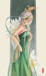  1girl absurdres bare_shoulders beads bird_hair_ornament boots brown_boots chinese_clothes chinese_commentary chinese_hairpin closed_eyes closed_mouth collarbone commentary_request dress expressionless eyeshadow fan_to_mouth feather_hair_ornament feathers feet_out_of_frame floral_print flower forehead_jewel from_side gem gem_hair_ornament gold_choker green_dress green_gem grey_background grey_hair hagoromo hair_beads hair_bobbles hair_ornament hair_over_shoulder hand_fan hei_tuzi_yaer highres holding holding_fan jacket light_particles long_dress long_hair long_sleeves lotus low_twintails makeup nikki_(series) pink_eyeshadow pleated_dress pointy_nose print_dress see-through_clothes see-through_jacket shawl shining_nikki sight_of_the_moon_(shining_nikki) signature solo standing strapless strapless_dress tuanshan twintails two-tone_background very_long_hair watermark weibo_watermark white_flower wide_sleeves yellow_jacket 