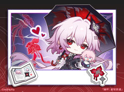  1girl alternate_hair_length_(longer) black_dress black_flower black_gloves book character_puppet chibi chibi_only chinese_commentary closed_mouth commentary_request dress earrings evernight_(honkai:_star_rail) floating_hair flower gloves hair_between_eyes hair_flower hair_ornament hairclip hand_puppet holding holding_umbrella honkai:_star_rail honkai_(series) jewelry long_hair long_sleeves looking_at_viewer march_7th_(honkai:_star_rail) march_7th_(preservation)_(honkai:_star_rail) official_alternate_costume official_alternate_eye_color official_art open_book parallel_hairclips pink_hair puppet red_eyes smile solo umbrella very_long_hair 