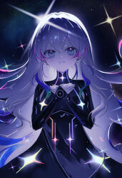  +_+ 1girl absurdres black_dress blue_hair blush chunithm collarbone constellation diffraction_spikes dress glint hair_between_eyes hands_on_own_chest highres ixia_(chunithm) long_hair long_sleeves looking_at_viewer multicolored_hair night parted_lips pink_hair shooting_star sky smile solo space sparkle sparkle_background sparkling_eyes star-shaped_pupils star_(sky) star_(symbol) starry_sky starry_sky_print symbol-shaped_pupils tears tsukune_ekaki two-tone_hair very_long_hair 