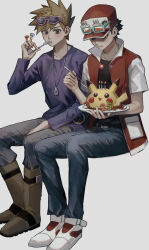  2boys baseball_cap belt black_shirt blue_oak boots brown_boots brown_hair cake candle character-themed_food commentary_request eating eyewear_on_headwear fire food fork grey_pants hand_up hat highres holding holding_fork holding_plate jacket jewelry long_sleeves male_focus multiple_boys necklace open_clothes open_jacket pants pants_tucked_in party_horn pikachu plate pokemon pokemon_red/green/blue/yellow purple-framed_eyewear purple_shirt red_(pokemon) sekaiitinoki shirt shoes short_sleeves sitting spiky_hair sunglasses white_shoes 