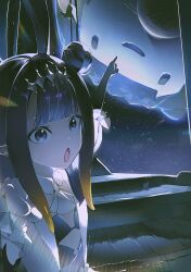  1girl absurdres black_gloves black_hair blue_eyes blunt_bangs center-flap_bangs commentary diamond_hairband english_commentary flat_chest gloves gradient_hair grey_hairband hair_bun hairband highres hololive hololive_english insfidelie long_hair looking_at_viewer meme multicolored_hair ninomae_ina'nis ninomae_ina'nis_(ina_the_hero) open_mouth orange_hair outstretched_arm pointing sidelocks smol_ina tentacle_hair two_soyjaks_pointing_(meme) virtual_youtuber 