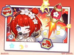 3girls black_gloves blue_eyes blunt_bangs braided_bangs chibi chibi_only chinese_commentary closed_mouth commentary_request cross-shaped_pupils dress flower gloves hair_flower hair_ornament hand_on_own_face hand_up honkai:_star_rail honkai_(series) long_sleeves looking_at_viewer multiple_girls official_art one_eye_closed pointy_ears red_hair rocket short_hair smile solo_focus spoken_character symbol-shaped_pupils tongue tongue_out trianne_(honkai:_star_rail) tribbie_(honkai:_star_rail) trinnon_(honkai:_star_rail) white_dress white_flower