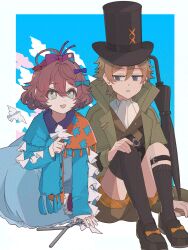  1boy 1girl :d adversarial_noise ahoge amanatsu_(amanatu5069) asymmetrical_legwear bird bird_on_hand black_hat black_socks black_thighhighs black_umbrella blue_background blue_bow blue_dress blue_eyes blue_scarf border bow brown_hair brown_shoes brown_shorts brown_vest closed_umbrella coat commentary_request dress flutterpage footwear_bow full_body grey_coat hair_bow hat highres loafers long_dress looking_at_another looking_to_the_side multiple_hair_bows oliver_fog on_ground orange_scarf outside_border red_bow reverse:1999 scarf shirt shoes short_hair shorts side-by-side single_sock single_thighhigh sitting smile socks tent_dress thigh-highs top_hat two-tone_scarf umbrella uneven_legwear vest white_bird white_border white_shirt 