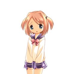 1girl 2000s_(style) :o blue_eyes blue_skirt blush bow brown_hair cowboy_shot game_asset hair_intakes harukaze_yayoi_(ryoujoku_gakuen) hogeroh large_variant_set long_sleeves miniskirt non-web_source pink_bow pleated_skirt raised_inner_eyebrows ryoujoku_gakuen ryoujoku_school_uniform school_uniform self-datamine serafuku simple_background skirt solo standing swept_bangs tareme transparent_background two_side_up variant_set 