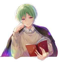  1boy black_jacket book closed_mouth commentary_request ensemble_stars! green_hair grey_sweater hair_between_eyes head_on_hand head_rest holding holding_book jacket jacket_on_shoulders kazehaya_tatsumi long_sleeves male_focus mole mole_under_eye reading shirt_under_sweater short_hair simple_background smile solo sparkle sweater tamano_mayo upper_body violet_eyes white_background 