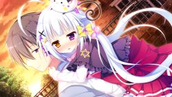  1boy 1girl ahoge black_capelet blunt_bangs blush bow brick_wall brown_hair capelet dutch_angle evening frilled_skirt frills game_asset hair_bobbles hair_bow hair_ornament harutoki_narumi heterochromia hoshiyomi_mashiro hug hug_from_behind koi_suru_kokoro_to_mahou_no_kotoba large_variant_set long_hair long_sleeves non-web_source nose_blush open_mouth outdoors pleated_skirt red_skirt self-datamine shiromochi_sakura shirt short_hair skirt sunset upper_body variant_set violet_eyes white_hair white_shirt yellow_bow yellow_eyes 