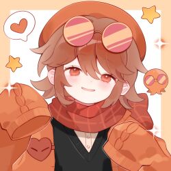  1girl androgynous animification artist_request black_sweater_vest blush border brown_hair cardigan commission eyewear_on_head flipped_hair hardcore_heart hat heart highres lifesteal_smp looking_at_viewer minecraft_youtube open_cardigan open_clothes open_mouth orange_cardigan orange_hat red_scarf round_eyewear scarf second-party_source short_hair sleeves_past_wrists smile solo spoken_heart squiddo sunglasses sweater_vest variant_set white_background yellow_border 