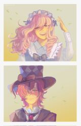  1boy 1other akiyama_mizuki black_bow bow commentary curly_hair cyraphres english_commentary green_eyes hair_over_one_eye hat hat_bow headdress highres kamishiro_rui long_hair multicolored_hair one_eye_closed pink_hair project_sekai purple_hair short_hair signature smile streaked_hair top_hat 