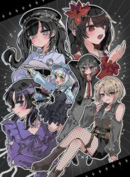  6+girls arm_up black_boots black_dress black_hair black_hat black_jacket black_sleeves blonde_hair boots closed_mouth collared_shirt commentary_request crescent crescent_earrings crossed_legs detached_sleeves dress earrings fishnet_pantyhose fishnets flower grey_eyes grey_shirt grey_skirt hair_flower hair_ornament hand_up hasumi_leia hat highres hood hood_up housho_margo jacket jewelry jogasaki_noah kurobe_nanoka long_hair long_sleeves looking_at_viewer mahou_shoujo_no_majo_saiban multiple_girls necktie nikaido_hiro official_alternate_costume otomebakudan outline pantyhose profile red_eyes red_flower red_necktie red_shirt shirt shito_alisa short_hair sitting skirt smile sparkle standing thigh_strap twintails white_outline white_shirt 