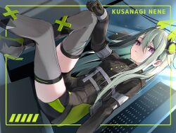  1girl arm_support black_boots black_gloves black_jacket black_shorts boots border breasts building character_name close_game/offline_(project_sekai) commentary_request from_below gloves green_hair grey_thighhighs hair_between_eyes hair_flaps hair_ornament hand_on_own_knee highres inset_border jacket knee_boots knee_up kusanagi_nene long_bangs long_hair long_sidelocks long_sleeves looking_at_viewer looking_down official_alternate_costume official_alternate_hairstyle outdoors parted_lips power_lines project_sekai short_shorts shorts sidelocks sideways sitting small_breasts solo straight_hair thigh-highs u1_msd utility_pole violet_eyes 