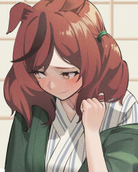  1girl animal_ears bath_yukata blush brown_eyes brown_hair c-eye closed_mouth commentary_request ears_down green_haori hand_up haori horse_ears horse_girl japanese_clothes kimono long_hair looking_to_the_side multicolored_hair nice_nature_(umamusume) playing_with_own_hair smile solo streaked_hair twintails umamusume white_kimono yukata 