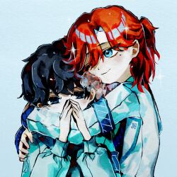  2boys ;) absurdres armband asterfield_(meiar) black_hair blue_armband blue_eyes blue_jacket chinese_commentary coat commentary_request covering_own_mouth highres hug hug_from_side hyoutenka_30-do_no_zetsubou jacket kuchinashi_dabi lapels mitsudomoe_koubou_(series) mole mole_under_eye multiple_boys one_eye_closed red_hair simple_background smile steam_from_mouth tonimura_yui upper_body white_background white_coat 
