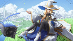  1girl absurdres aesc_(fate) black_pantyhose blonde_hair blue_eyes blue_sky book boots braid brooch capelet castle closed_mouth clouds cloudy_sky commentary_request day dress fate/grand_order fate_(series) full_body glasses grass hat high_heel_boots high_heels highres jewelry long_hair long_sleeves outdoors pantyhose sherry492 sitting sky smile solo tree very_long_hair white_boots wide_sleeves witch witch_hat 