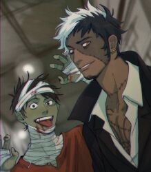  2boys alternate_skin_color black_hair black_jack_(character) black_jack_(character)_(cosplay) black_jack_(series) black_jacket claw_pose cosplay darkened_skin drawingdump facial_hair goatee highres jacket long_sideburns looking_at_viewer male_focus monkey_d._luffy multicolored_hair multiple_boys mummy_costume one_piece open_mouth orange_eyes pectorals short_hair sideburns stitched_face stitches tongue tongue_out trafalgar_law two-tone_hair white_hair 