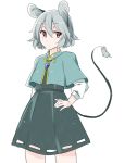  1girl akagashi_hagane animal_ears capelet grey_hair hand_on_hip jewelry mouse mouse_ears mouse_tail nazrin pendant red_eyes short_hair simple_background skirt solo tail touhou white_background 