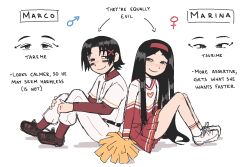 1boy 1girl arrow_(symbol) back-to-back baseball_uniform black_hair blush borrego_tan character_name cheerleader commentary_request english_text full_body hairband half-closed_eyes jersey long_hair looking_at_another mars_symbol original pants pleated_skirt pom_pom_(cheerleading) red_hairband red_shirt red_shoes red_skirt red_socks shirt shoes short_hair simple_background sitting skirt smile socks sportswear tareme tsurime venus_symbol white_background white_pants white_shirt 