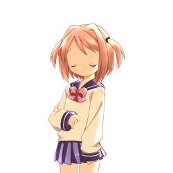  1girl 2000s_(style) blue_skirt blush bow brown_hair closed_eyes closed_mouth cowboy_shot game_asset hair_intakes harukaze_yayoi_(ryoujoku_gakuen) hogeroh large_variant_set long_sleeves miniskirt non-web_source pink_bow pleated_skirt ryoujoku_gakuen ryoujoku_school_uniform school_uniform self-datamine serafuku simple_background skirt smile solo standing swept_bangs transparent_background two_side_up variant_set 