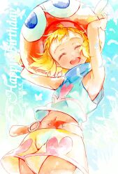  1girl amity_blight armpits arms_up belt blonde_hair blue_shirt blush brown_belt closed_eyes commentary_request happy hat heart heart_print highres midriff nanmin_sa navel open_mouth puyopuyo shirt short_hair shorts sleeveless smile solo teeth upper_teeth_only winged_hat 
