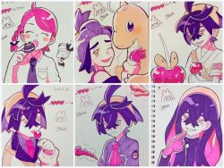  1boy 2girls ahoge blush_stickers braid candy candy_apple closed_eyes collarbone collared_shirt commentary_request crossed_bangs dipplin dragonite eyelashes food gloves grin hair_between_eyes hairband hand_up heart highres holding holding_food jacket juliana_(pokemon) kieran_(pokemon) licking lollipop long_sleeves meeee_hitsuji mole mole_under_eye multiple_girls multiple_views necktie open_mouth pokemon pokemon_(creature) pokemon_scarlet_and_violet shirt short_sleeves smile teeth tinkaton tongue tongue_out upper_teeth_only white_shirt yellow_eyes yellow_hairband 