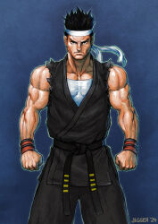  1boy 2024 angry artist_name black_eyes black_hair bracer clenched_hands collarbone commentary commentary_request dougi facing_viewer fighting_game game_console gradient_background graphite_(medium) headband highres jiggeh karate_gi kung_fu lips looking_at_viewer martial_arts martial_arts_belt muscular muscular_male nose outline scowl sega sega_saturn shaolin_monk short_hair signature solo spiky_hair torn_clothes traditional_media translation_request upper_body virtua_fighter white_dougi white_headband yuki_akira 