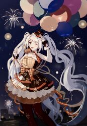  1girl absurdly_long_hair absurdres aerial_fireworks balloon bare_shoulders black_dress black_wrist_cuffs bow brown_hat brown_pantyhose chinese_commentary choker collarbone commentary_request dance_till_dawn_(infinity_nikki) dress feet_out_of_frame fireworks frilled_dress frills hand_on_own_head happy hat hat_bow hexagram highres himawari901 holding holding_balloon infinity_nikki lake light_particles lolita_fashion long_hair mini_hat mini_top_hat neck_ribbon night nikki_(series) orange_bow outdoors pantyhose print_pantyhose red_bow red_choker ribbon ribbon_choker short_dress sleeveless sleeveless_dress solo spaghetti_strap star_(symbol) star_print stuffed_animal stuffed_toy teddy_bear top_hat twintails two-tone_bow two-tone_wrist_cuffs very_long_hair waist_bow wavy_hair white_hair white_wrist_cuffs wrist_cuffs yellow_bow yellow_ribbon 