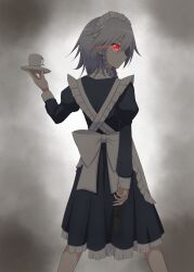  1girl absurdres apron back_bow blue_dress bow braid closed_mouth commentary_request cup dress eye_trail grey_hair highres holding holding_knife holding_saucer izayoi_sakuya juliet_sleeves knife light_trail long_sleeves maid_headdress puffy_sleeves red_eyes satsuki_koyomi saucer smile solo teacup touhou waist_apron white_apron white_bow 