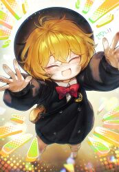  1boy :d ^_^ aged_down alfnfmd animal_bag black_hat black_jacket black_shorts blonde_hair bow bowtie child chromatic_aberration closed_eyes collared_shirt commentary crossed_bangs dirty facing_viewer from_above full_body hair_between_eyes happy hat jacket kindergarten_uniform korean_text limbus_company limbus_kindergarten_uniform long_sleeves male_focus open_mouth project_moon reaching reaching_towards_viewer red_bow red_bowtie school_hat shirt short_hair shorts sinclair_(project_moon) smile solo standing traditional_bowtie untranslatable_commentary white_shirt wing_collar 