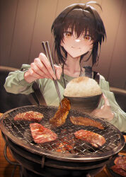  1other ahoge androgynous black_hair blush bowl braid chewing chopsticks collarbone commentary_request cooking eating fate/grand_order fate_(series) food food_focus food_on_face good_meat_day grill grilling hair_between_eyes hair_intakes highres holding holding_bowl holding_chopsticks jewelry long_hair looking_at_viewer meat mugetsu2501 necklace orange_eyes other_focus rice rice_bowl sidelocks single_braid smile solo table watermark wooden_table yamato_takeru_(fate) yamato_takeru_(satellite_station_24-25)_(fate) 