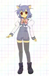  1girl 2000s_(style) ahoge animal_ears bell bk_(barakoodra) boots bow commentary dot_nose english_commentary faux_retro_artstyle full_body highres jingle_bell juliet_sleeves long_sleeves looking_at_viewer original puffy_sleeves red_eyes smile solo thigh-highs two_side_up 